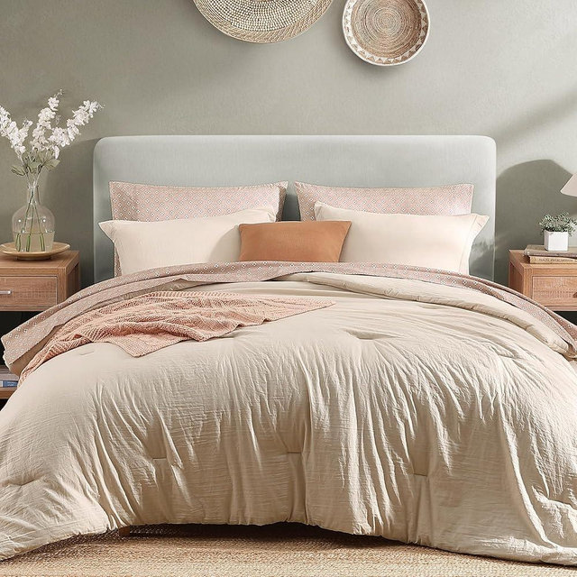 Monbix Queen Comforter Set - 7 Pieces Beige Prewashed Bed in a Bag Queen Bedding Sets with Comforters, All Seasons Down Alternative Comforter Bed Set with Sheets,Pillowcases & Shams