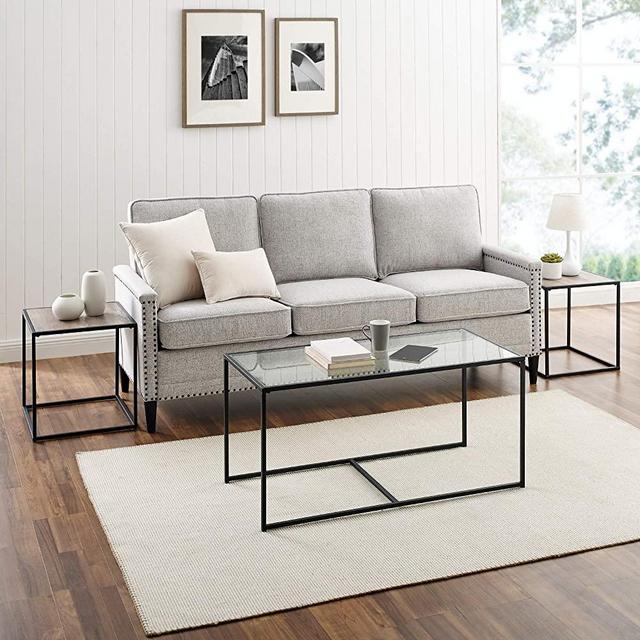 Walker Edison Midtown Urban Industrial 3 Piece Nesting Side Top Coffee Table Set, Set of 3, Grey Wash/Glass