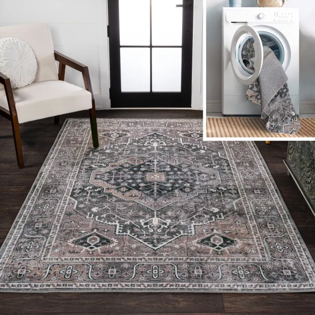 Alacati Ogee Medallion Machine-Washable Dark Green/Dark Beige 8 ft. x 10 ft. Area Rug - JONATHAN Y