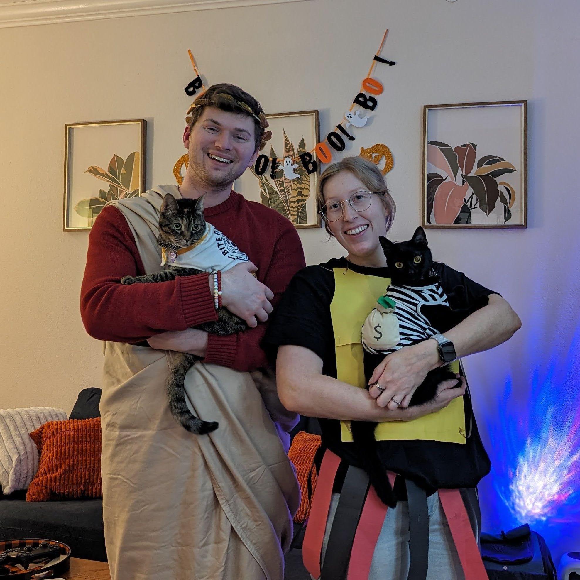 In July 2023, we adopted Laszlo from the same shelter where we found Enya. Like his sister, Laz is relatively tolerant to being dressed up in costumes Sarah finds each Halloween!