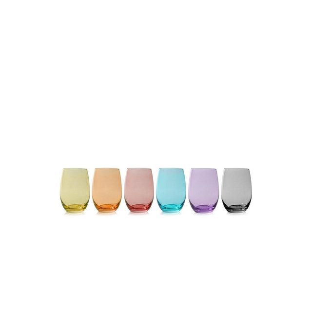 True Vino Colorful Stemless Wine Glasses Set of 6, Pastel Drinking Glasses for Beverages, Wedding Gifts, Party Supplies, Home Bar, 17 oz, Multicolor