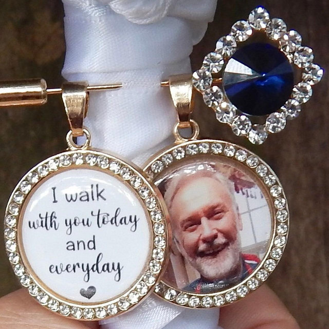 Custom Wedding Something Blue photo Memory charm to attach to bride bouquet Gift for wedding bridal shower Remembering Loved one Boutonniere
