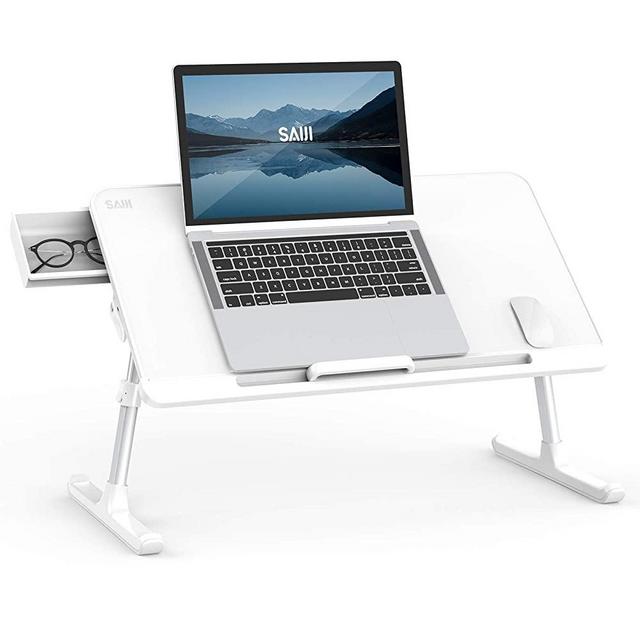 Laptop Bed Tray Table, SAIJI Adjustable PVC Leather Laptop Bed Table, Portable Standing Desk with Storage Drawer, Foldable Lap Tablet Table for Sofa Couch Floor (Large,White)