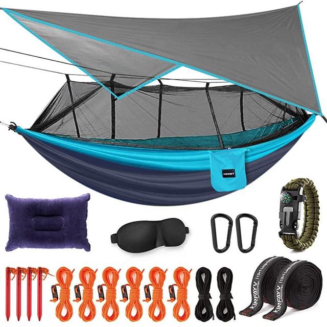 Kinfayv Camping Hammock with Mosquito Net and Rain Fly - Portable Double Hammock with Bug Net and Tent Tarp Heavy Duty Tree Strap, Hammock Tent for Travel Camping Backpacking Hiking Outdoor Camp,Blue
