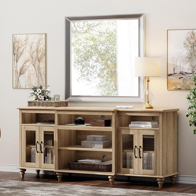 WAMPAT Farmhouse TV Stand for TVs Up to 75 inch, 4-Door Glass and Wood Universal TV Console with 9 Storage Cabinets, Oak Entertainment Center Table for Living Room Bedroom，70''