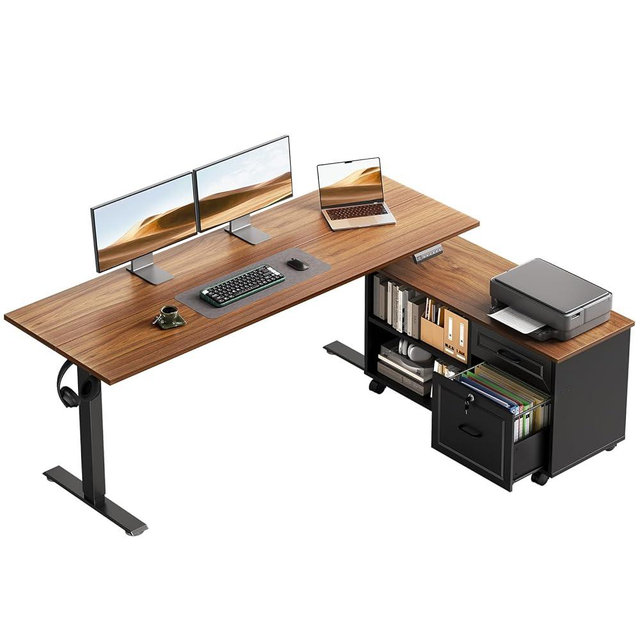 OffiGo 55 Inch L Shaped Electric Standing Desk with Drawers & File Cabinet Sets, Executive Sit Stand Desk, Height Adjustable Computer Desk for Home Office, Writing, Workstation, Walnut+Black