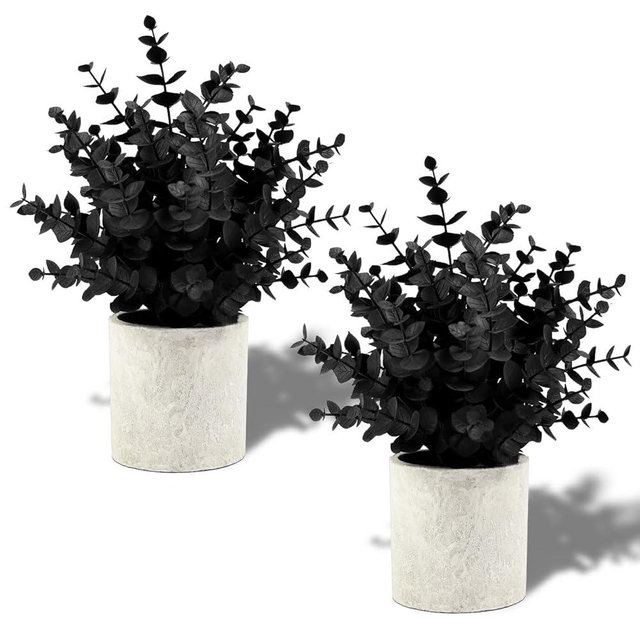 2 Pack Black Fake Eucalyptus Small Fake Plants Potted Artificial Plants for Halloween Decorations Shelf Desk Home Farmhouse Room Coffee Table Bathroom Decor(Black)