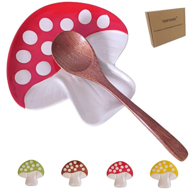 Cute Ceramic Spoon Rest & Holder for Stove Top, Mushroom Shaped Coffee & kitchen Spoon Rest & Holder for Kitchen Counter, Stove & Cooking Spoon Holder for Ladle & Utensil & Spatula & Tong Rest (Red)