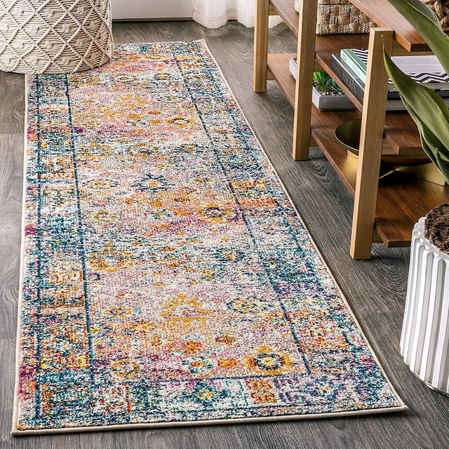 JONATHAN Y BMF103A-28 Bohemian Flair Boho Vintage Medallion Faded Indoor Area-Rug Floral Easy-Cleaning High Traffic Bedroom Kitchen Living Room Non Shedding, 2 ft x 8 ft, Cream/Navy