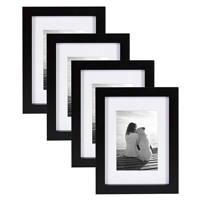 DesignOvation Gallery Wood Photo Frame Set for Customizable Wall or Desktop Display, Black 5x7 matted to 3.5x5, Pack of 4
