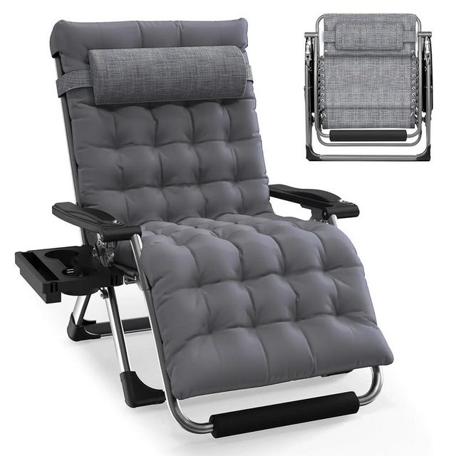 Slendor Oversized Zero Gravity Chairs XXL, 33IN Padded Zero Gravity Lounge Chair, Folding Reclining Patio Chair Lawn Recliner w/Aluminum Alloy Lock, Headrest, Cup Holder, Support 500lbs, Fossil Grey