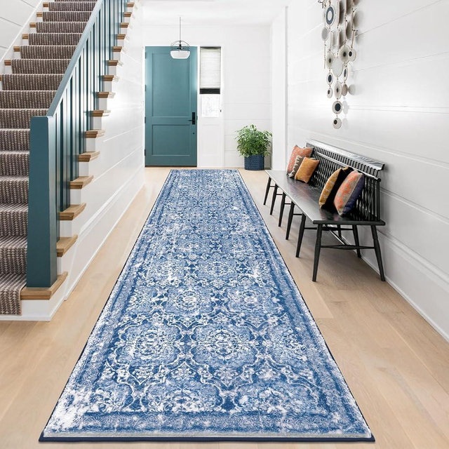 Vaukki Hallway Runner Rug, Vintage Shaggy Soft Laundry Rug Runner, Non Slip Entryway Runner Mat, Washable Farmhouse Kitchen Area Carpet for Bathroom, Entryway and Bedroom (2'6''x12', Blue)