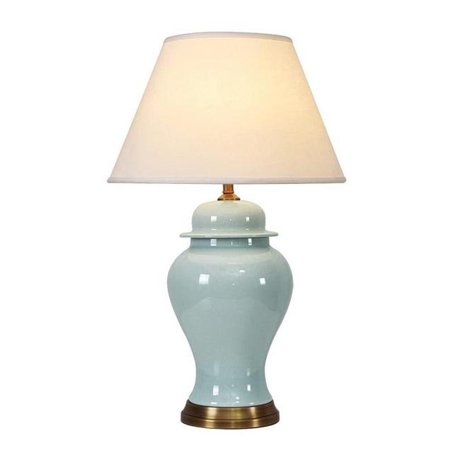 HATUO Blue Ceramic Table Lamp, Nordic Bedside Lamp Gold Metal Bracket Base with White Fabric Lampshadetable Lamps for Living Room Bedroom Study Hotel