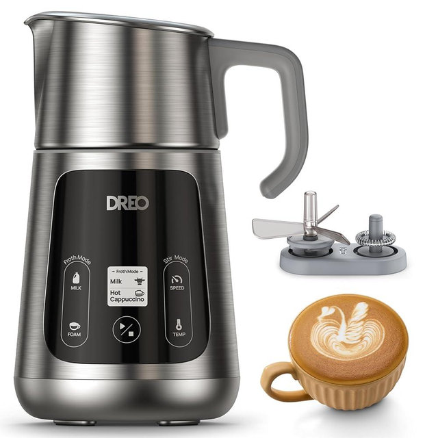 Dreo All-in-1 BaristaMaker Milk Frother, Electric Foam Maker for Latte Art-level Microfoam and Hot/Cold Coffee, 15oz/450ml Automatic Milk Warmer with 30 Drinks, Dishwasher Safe, Dairy/Plant-Based Milk