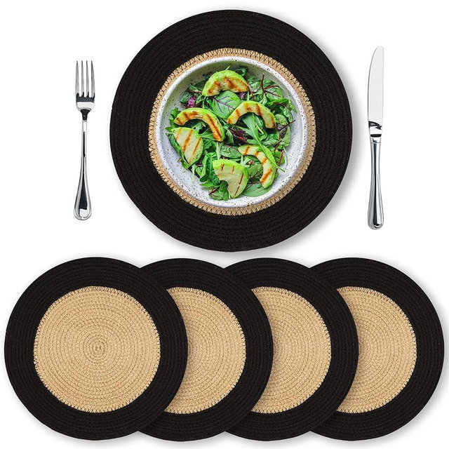 Eco Crave Jute Round Placemats Set of 4 – Hand Woven Natural Beige Jute with Black Rim, 13 Inch Farmhouse Rustic Dining Drawstring Table Mats, Wicker Heat Resistant Durable Eco-Friendly Table Decor