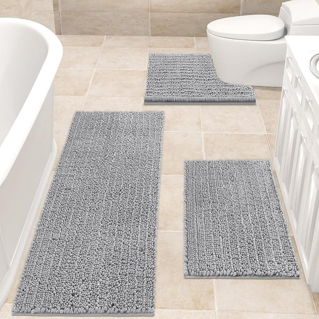 ACCUMTEK Upgrade Extra Large Light Grey Bathroom Rug Set 3 Pieces Gray Ultra Soft, Thick Absorbent Bath Mats, Non Slip Chenille Toilet Mat for Bathroom, Bedroom, Kitchen