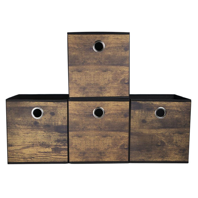 Folzaelar 4 Pack Durable Storage Cube Bins with Wood Grain,Thickened Fabric Box,Storage Baskets for Open Shelf,Bookcase,Closet,Storeroom,Bedroom,Living Room,Nursery,Office,Dorm, 10.2x10.2x11in (Small)