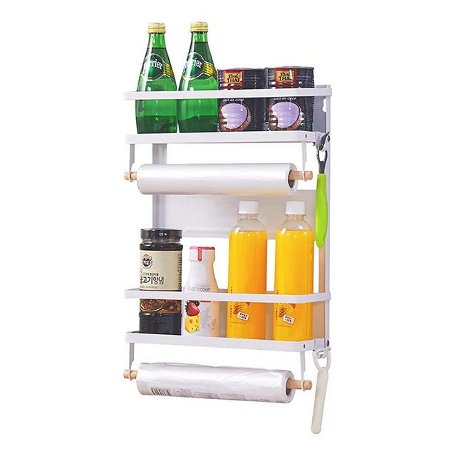 Magnetic Fridge Organizer Spice Rack with Paper Towel Holder and 5 Extra Hooks | 4 Tier Magnet Refrigerator Shelf in Kitchen Holds up to 45 LBS | 16x12x4 Inch White