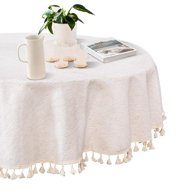 MYSKY HOME Table Cloth 60 Inch Round Table, Heavy Duty Linen Look Waterproof Tablecloths Farmhouse Tablecloth, Soft and Wrinkle Free Table Cover with Beige Tassels for Kitchen Dining, Party