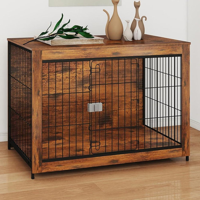 32 in Dog Crate Furniture with Secure Lock, Wooden Dog Kennel End Table Indoor Dog Cage for Medium Dogs, Decorative Pet Cage Crate for Home Indoor Use