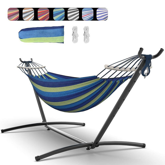 Everyfun Double Hammock with Space-Saving Steel Stand, 2 Person Heavy-Duty Hammock for Garden, Yard or Outdoor, 600lbs Capacity, Wide Blue