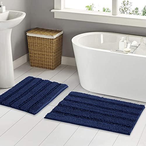NICETOWN Navy Blue Bathroom Rugs, Ultra Thick and Soft Texture Chenille Plush Floor Mats Hand-Tufted Bath Rug with Non-Slip Backing, Microfiber Door Mat for Kitchen/Entryway (Pack 2-20 x 32/17 x 24)