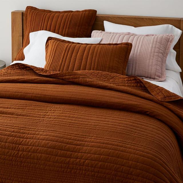 European Flax Linen Linework Quilt, King, Amber