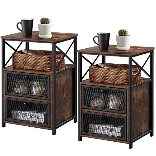 VECELO Modern Night Stand, End Side Table with Storage Space and Door, Nightstands with Flip Drawers for Living Room,Bedroom,Lounge,Set of 2, Brown