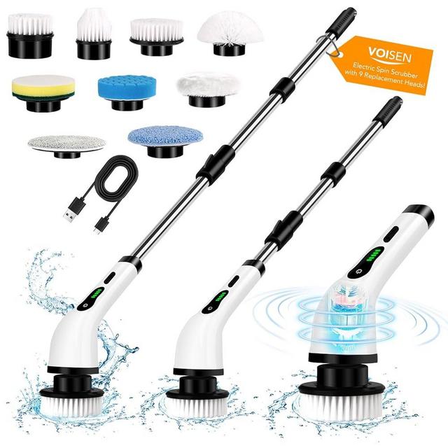 Electric Spin Scrubber, Cordless Cleaning Brush, 9 Replacement Head, Shower Cleaning Brush with Extension Arm for Bathroom, Tub, Tile, Floor