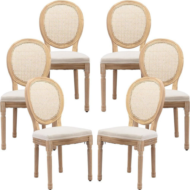 ODUSE-DAILY French Country Dining Chairs Set of 6, Cream Kitchen & Dining Room Chairs Set of 6, Ivory Rattan Dining Chairs, Cane Back, Wood Legs, Sillas De Comedor (Rattan, Beige, 6Pcs)