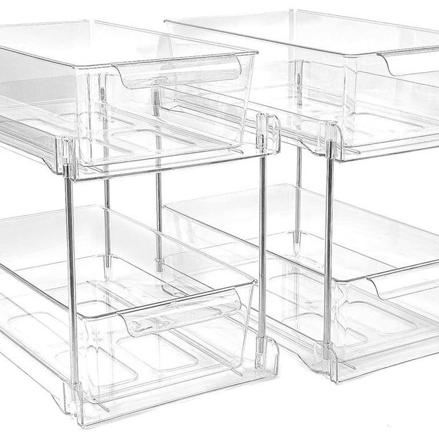 Zero Zoo 2 Pack 2-Tier Bathroom Under Sink Organizers and Storage - Clear Stackable Containers for Kitchen, Pantry, Vanity, Medicine Cabinet, Makeup, and Counter with Pull-Out Track
