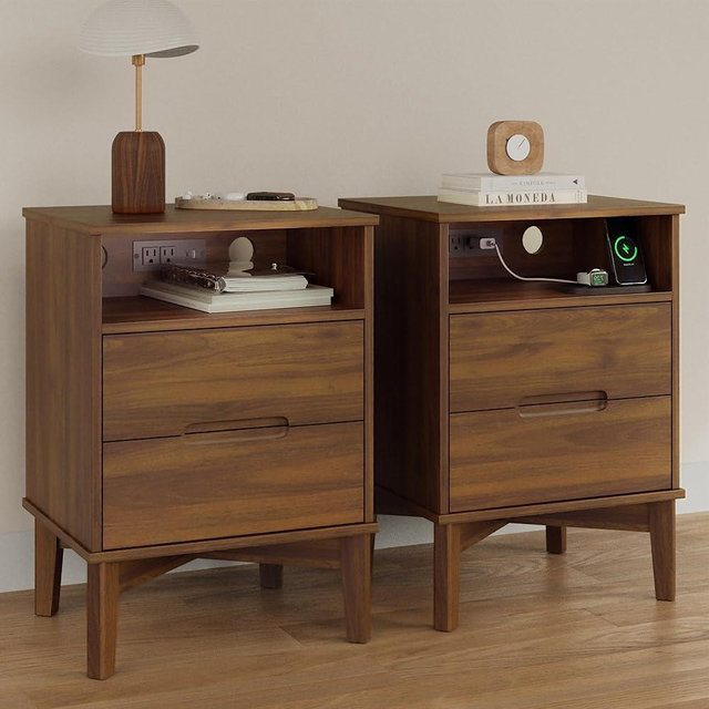 26" Tall Wood Nightstand Set of 2 with Charging Station & USB-C, Mid Century Modern Bedside Table with Solid Wood Legs, Walnut Finish with 2 Drawers