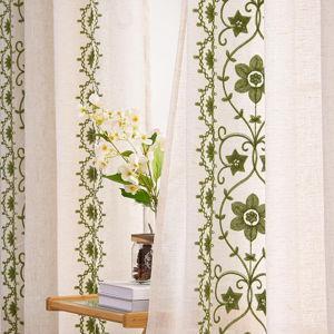 Sage Green Boho Curtains 2 Panels for Living Room Vintage Floral Linen Curtains 84 Inches Long for Bedroom Farmhouse Patterned Drapes Embroidered Light Filtering Drapes Grommet Window Treatments