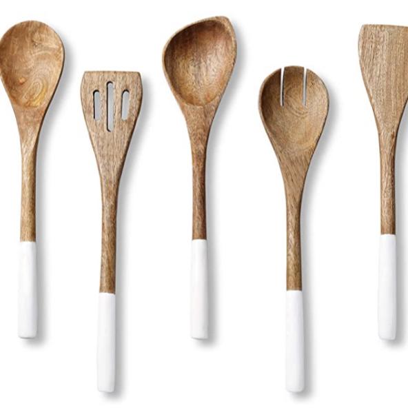 Wooden Spoons for Cooking, Set of 5 Nonstick Cookware Sets Includes Wooden Spoon, Serving Fork, Spatula, Slotted Turner, Corner Spoon, 12 Inches Long Kitchen Utensil Sets, Mango Wood, White