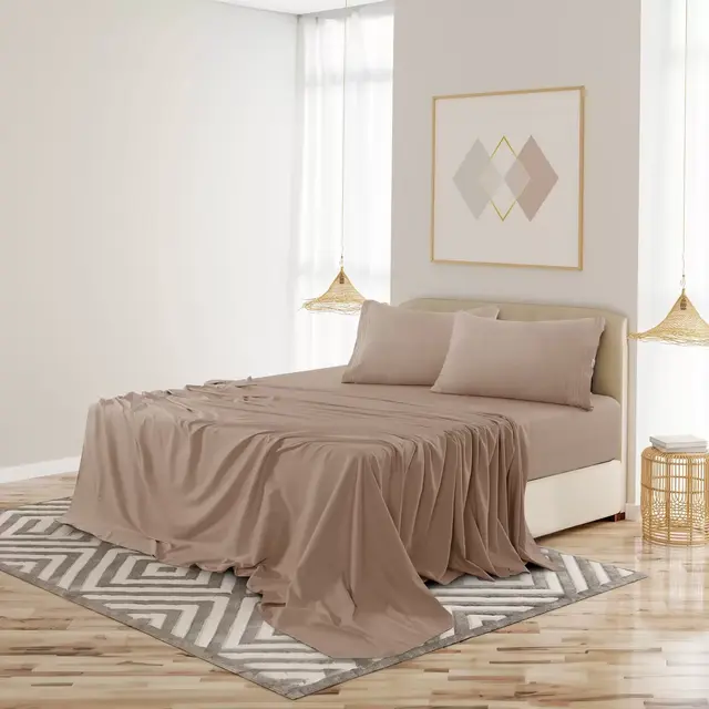 Full Size Bed Sheets Microfiber 4 Piece Bed Sheets With Embroidery Pillowcases - Taupe