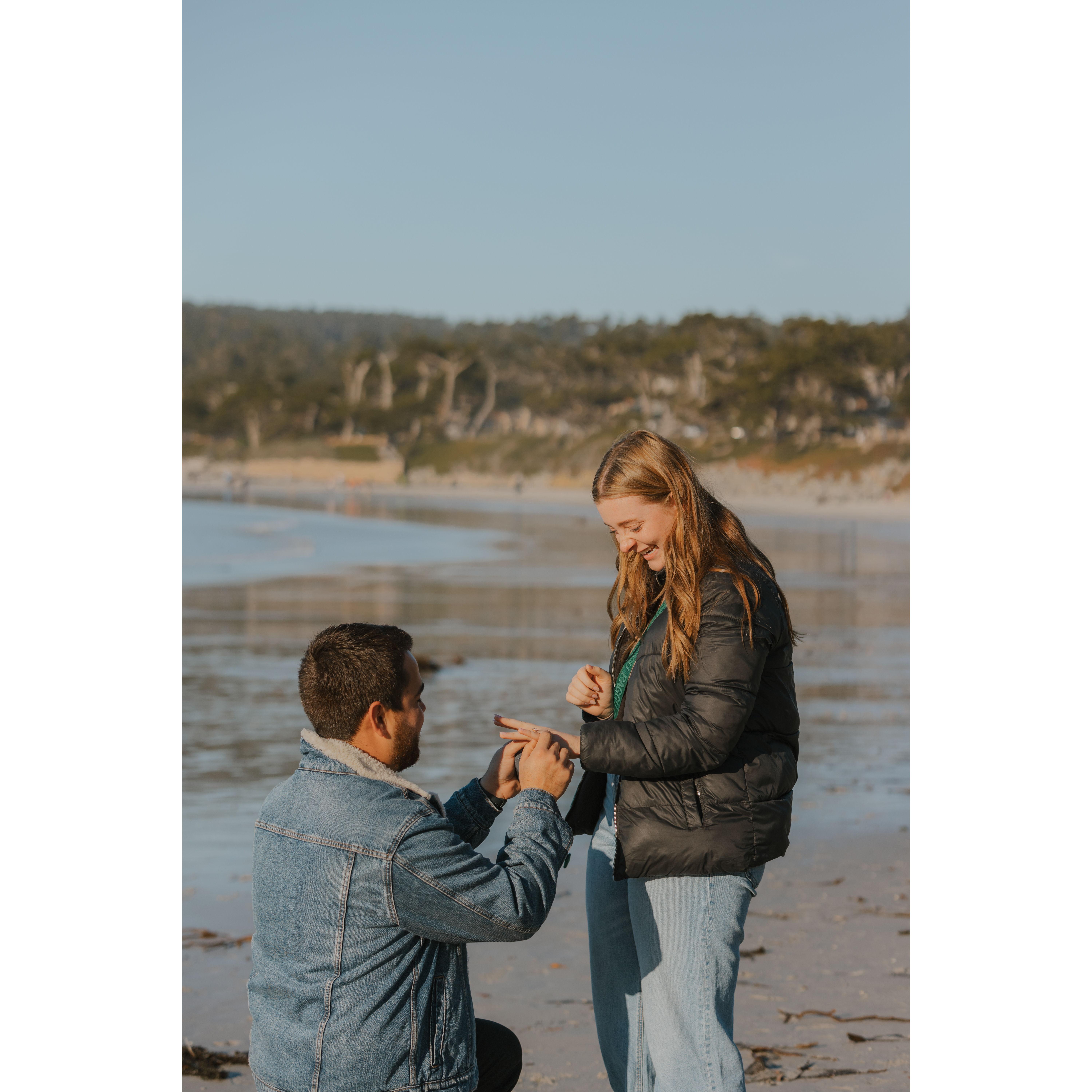 After over a year and a half of dating Carlos proposed on 11/16/2024 at Leah’s favorite beach in Carmel!!