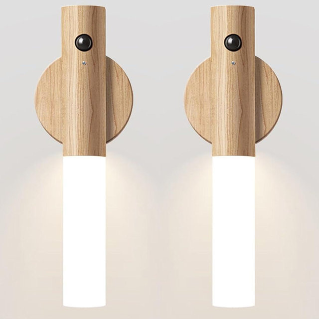 Chilvane Motion Sensor Light Indoor Night Light Wall Sconce Wooden Rechargeable Portable Magnetic Battery Operated LED Night Light for Kids Bathroom Toliet Light Closet Bedroom,White Ash Wood Pack 2