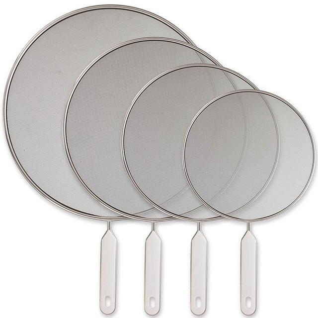 U.S. Kitchen Supply Set of 4 Classic Splatter Screens, 13", 11.5", 10", and 8" - Stainless Steel Fine Mesh, Comfort Grip Handles - Use on Boiling Pots Frying Pans - Grease Oil Guard, Safe Cooking Lid