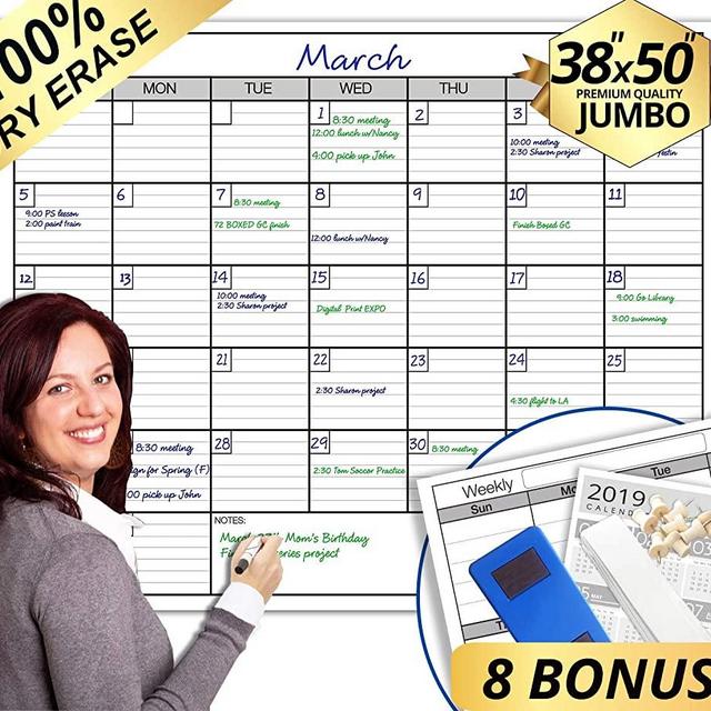 Dry Erase Monthly Large White Board Wall Calendar, 38" x 50", Jumbo Laminated Erasable Month whiteboard, Huge 30 Day Planner