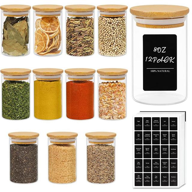 Churboro 24 Glass Spice Jars with Bamboo Airtight Lids, 400 Spice Labels,  Funnel