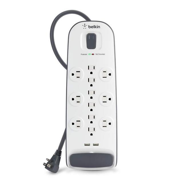 Belkin 12-Outlet USB Power Strip Surge Protector, Flat Plug, 6ft Cord (3,996 Joules), White