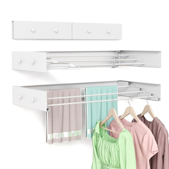 BAKON Foldable Clothes Drying Rack Wall Mounted for Laundry, Drying Rack Clothing Wall Mount, 4 Aluminum Rods with 4 Hooks, Space-Saving Collapsible Wall Drying Rack for Indoor Outdoor (White, 23.6'')