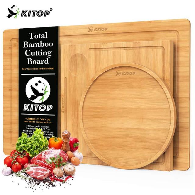 Bamboo Multi-Functional Cutting Board Set of 3 - Wood Serving Tray and Fruits Plate with Juice Groove for Cutting Vegetables, Meat, Fruits and Cheese | 100% Bamboo Butcher Block, BPA Free