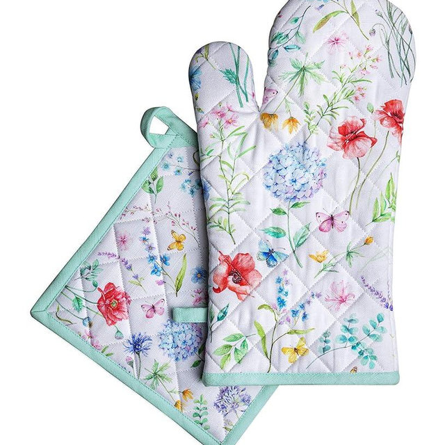 Maison d' Hermine Oven Mitt + Pot Holder 100% Cotton Heat Resistant Kitchen Oven Mitt (7.5"x13") & Pot Holder (8"x8"), Chef, Cooking, BBQ Baking, Just Floral - Spring/Summer