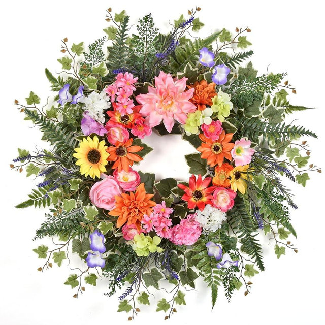 Spring Wreaths for Front Door Outside 24-26" Colorful Spring Summer Wreath with Peony Rose Sumflower, Daffodil 22 Kinds Greenery, Indoor Outdoor Vibrant Hanging Season Decor for Wall Porch