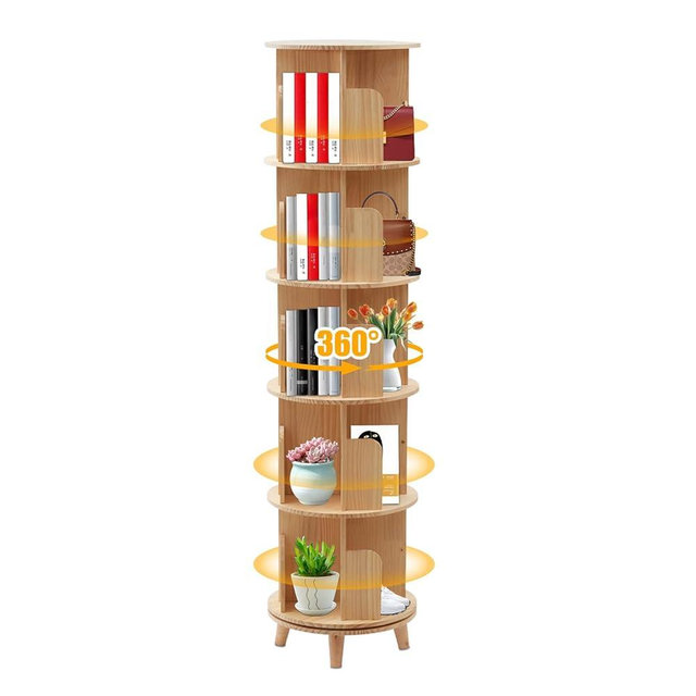 5-Tier Rotating Solid Wood Bookshelf - 360 Spinning Tower for Home, Office, Study & Living Room