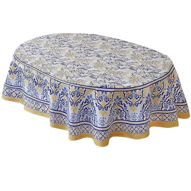 Home Bargains Plus Oval Fabric Tablecloth, 60 x 102 Inch, Allure Yellow and Blue Floral Bordered Print, Indoor Outdoor Stain and Water Resistant Table Cloth, Provence French Country