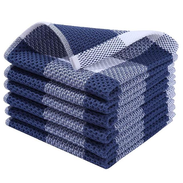 Homaxy 100% Cotton Waffle Weave Check Plaid Dish Cloths, 12 x 12 Inches, Super Soft and Absorbent Dish Towels Quick Drying Dish Rags, 6-Pack, White & Navy Blue