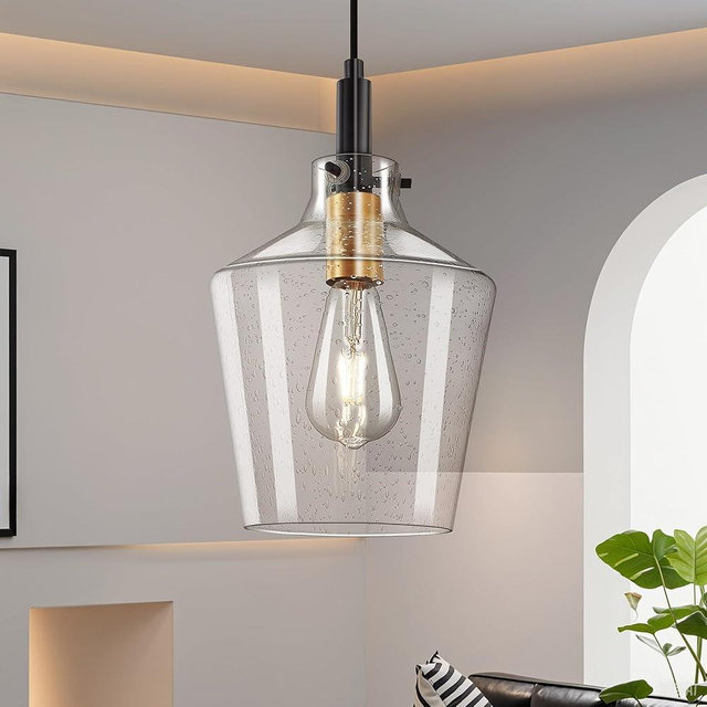 Vaziden Modern Seeded Glass Pendant Lighting for Kitchen Island 1 Pack, Farmhouse Black and Gold Pendant Light Fixtures, Height Adjustable Ceiling Pendant Light, Angled Seeded Glass Shades 8 Inch