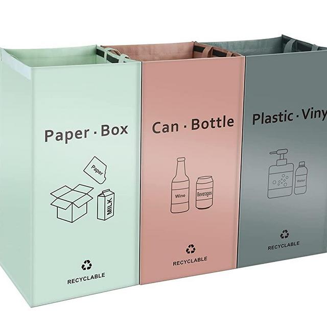 JIALAI HOME Separate Recycling Waste Bin Bags for Kitchen Home - 42 Gallon Recycling Bins (Pink, Green, Gray) Waste Trash Sorting Organizer, Reusable Waterproof, Pack of 3 Bags